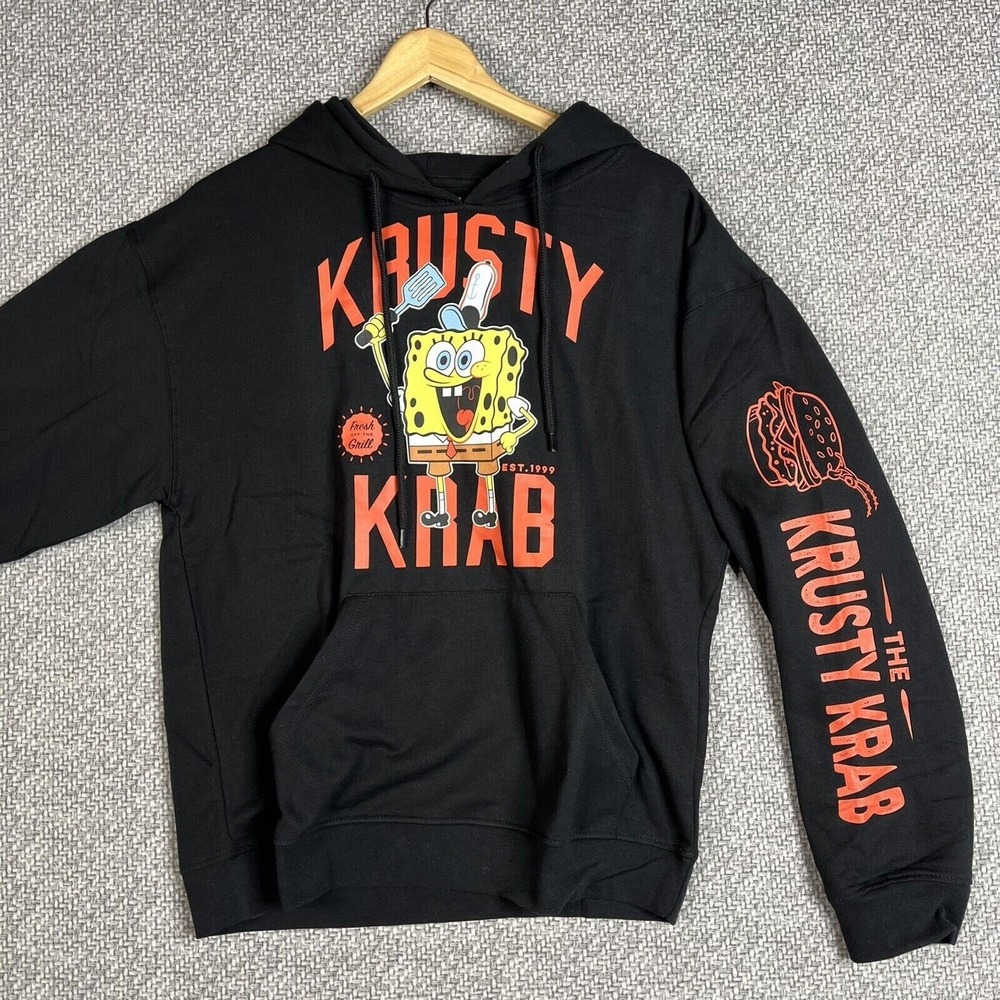 Spongebob Krusty Krab Hoodie Men's Large Black Graphic Print Spell Out Sleeves